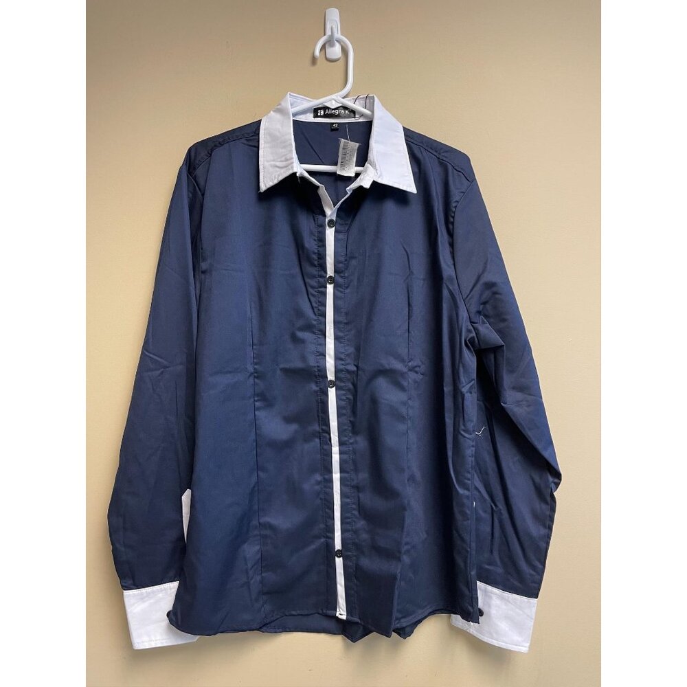 Allegra K Mens Navy & White Button-Down Shirt Size Large (42) Long Sleeve Classi